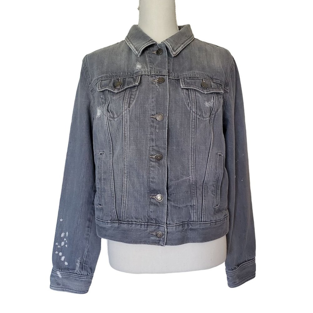 Old Navy Gray Factory Distressed Denim Jean Jacket Women's Large